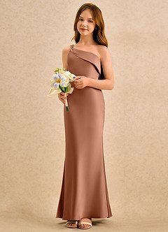Azazie Almond Girls Formal Sukienki dla dziewczynek sypiących kwiaty Osłona Jedno ramię Satyna elastyczna Długość podłogi Sukienka image3