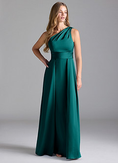 Azazie Dallas Robes de demoiselle d'honneur Robe Trapèze en Satin extensible Ue épaule Paon image3
