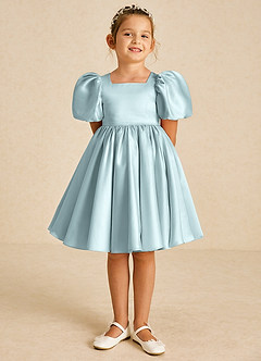 Azazie Muffin Blumenmädchenkleider A-Linie mit ärmel Matte Satin Kleid Nebel image2