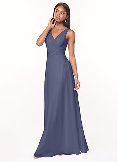 Azazie Nala Robes de demoiselle d'honneur Robe Trapèze en Mousseline de soie Plissée Bleu Orageux image3