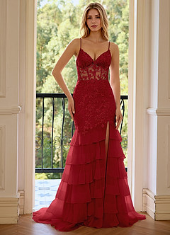 Nerissa Pink Robe de bal sirène à volants en tulle brodé de sequins et fente haute, col en V, style marin image3
