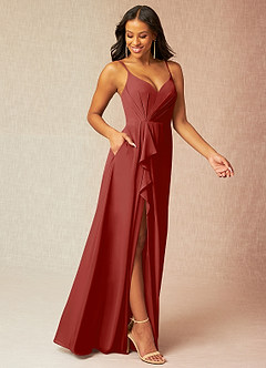 Azazie Kyedae Bridesmaid Dresses Rust A-Line V-Neck Pleated Chiffon Dress image3