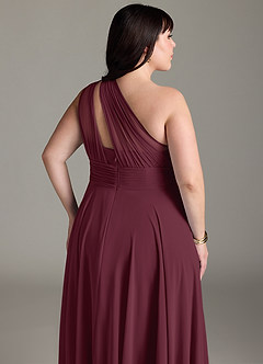 Azazie Charlize Vestidos de damas de honor Vestido de Cabernet de Gasa de Corte en A con Hombro unilateral image13