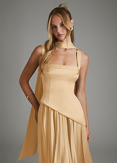 Azazie Stephanie Bridesmaid Dresses Gold A-Line Corset Stretch Satin Dress image5