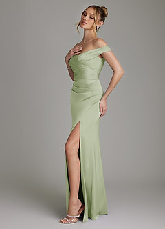 Azazie Teyana Bridesmaid Dresses Dusty Sage Sheath Off the Shoulder Stretch Satin Dress image6