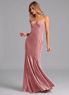Azazie Yinnie At-home Try On Dresses Dusty Rose Mermaid Strapless Velvet Convertible Dress image4