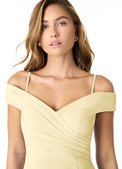 Azazie Lecia Bridesmaid Dresses Lemon Sorbet Empire Off-The-Shoulder Pleated Chiffon Convertible Dress image2