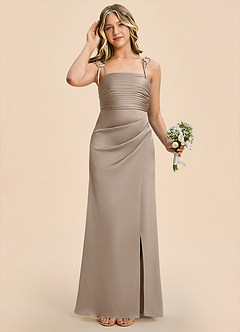 Azazie Reagan Junior Taupe Sheath Pleated Stretch Satin Dress image4