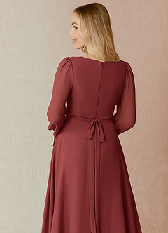 Azazie Leonia Abiti da Damigella Abito A-Line in Chiffon Maniche Lunghe Terracotta image11