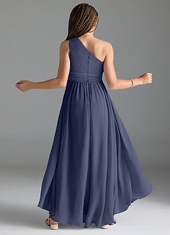 Azazie Mathilda Junior Robe Trapèze en Mousseline de soie Plissée Bleu Orageux image2