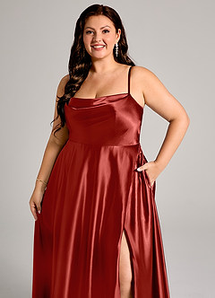 Azazie Elle Bridesmaid Dresses Rust A-Line with Pockets Metallic Satin Dress image12