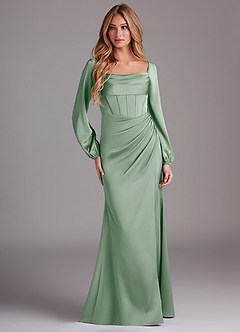 Azazie Charissa Brautjungfernkleider Etui Langarm Stretch-Satin Kleid Agave image3