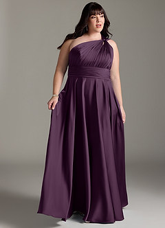 Azazie Charlize Bridesmaid Dresses Plum A-Line One Shoulder Stretch Satin Dress image11