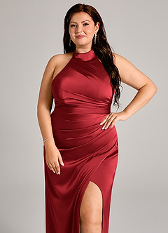 Azazie Jemma Robes de demoiselle d'honneur Robe Fourreau en Satin extensible Plissée Écarlate image8