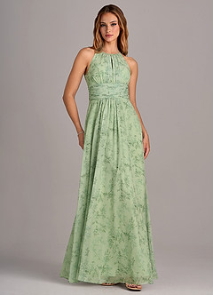 Azazie Bonnie Vestidos de damas de honor Vestido de Floral Helecho Verde de Gasa de Corte en A con Cuello de pico fruncido image3
