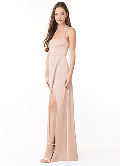 Azazie Halsey Vestidos de damas de honor Vestido de Rosa Rubor de Satén Elástico de Corte Recto con Corte Lateral image4