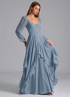 Azazie Karan At-home Try On Dresses Dusty Blue A-Line Long Sleeve Chiffon Dress image4