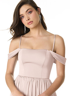 Azazie Morana Bridesmaid Dresses Blushing Pink A-Line Off the Shoulder Stretch Satin Convertible Dress image5