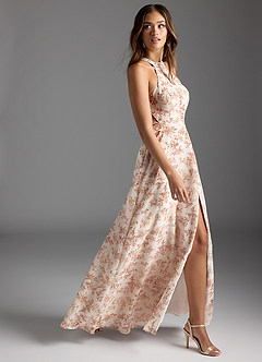 Azazie Clarice Bridesmaid Dresses Pink Fern Floral A-Line Halter Chiffon Dress image2