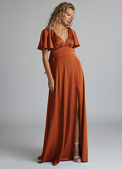 Azazie Kimber Bridesmaid Dresses Cinnamon A-Line Ruched Stretch Satin Dress image4