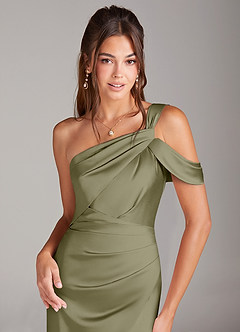 Azazie Wynter Jurken voor bruidsmeisjes Jurk van Stretch Satijn met Kolom Off the Shoulder Pistache image5