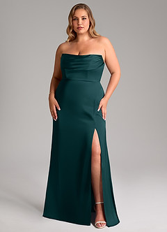 Azazie Saige Bridesmaid Dresses Pine Sheath Off the Shoulder Stretch Satin Dress image16