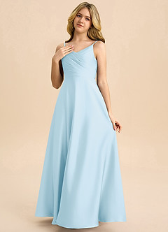 Azazie Bug Junior Sky Blue A-Line Pleated Stretch Satin Dress image3