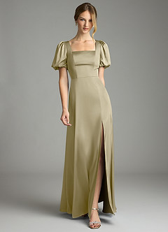 Azazie Fyona 신부 들러리 드레스 A라인 주름진 스트레치 새틴 바닥 길이 드레스 image1