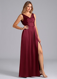 Azazie Karina Bridesmaid Dresses Burgundy A-Line Pleated Stretch Satin Dress image5