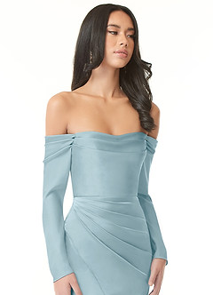 Azazie Hallie Bridesmaid Dresses Moody Blue Sheath Off-The-Shoulder Long Sleeve Stretch Satin Convertible Dress image1