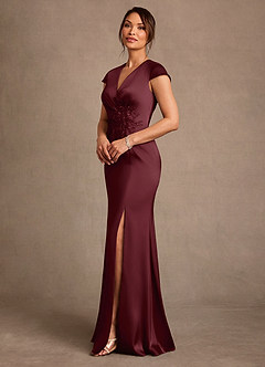 Azazie Rilda Mother of the Bride Dresses Cabernet Sheath Lace Stretch Satin Dress image2