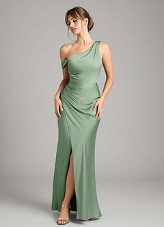 Azazie Madelyn Vestidos de damas de honor Vestido de Matcha de Satén Elástico de Corte Sirena Convertible con Hombro unilateral image1