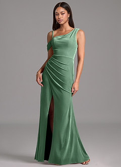 Azazie Madelyn Bridesmaid Dresses Eucalyptus Sheath One Shoulder Velvet Dress image4