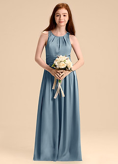 Azazie Bibiane Junior Dusty Blue A-Line Pleated Stretch Satin Dress image4