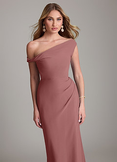 Azazie Emerson Bridesmaid Dresses Desert Rose Sheath Off the Shoulder Chiffon Dress image2