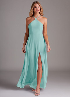Azazie Bailey Bridesmaid Dresses Aqua A-Line Halter Side Slit Chiffon Dress image4