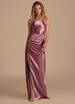 Azazie Eren Bridesmaid Dresses Vintage Mauve Sheath One Shoulder Metallic Satin Dress image3