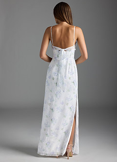 Azazie Mai Bridesmaid Dresses Blue Vintage Floral Sheath Pleated Chiffon Dress image4