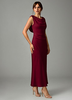 Azazie Kieryn Bridesmaid Dresses Burgundy Mermaid Pleated Stretch Satin Dress image4