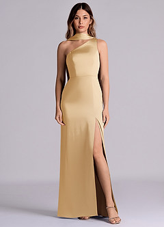 Azazie Philana Bridesmaid Dresses Gold A-Line One Shoulder Stretch Satin Dress image1