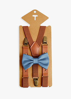 front Boy's Matching Matte Satin Pre-Tied Bow Tie & Suspenders Set