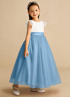 Azazie Pookie Flower Girl Dresses Steel Blue A-Line Lace Tulle Dress image2