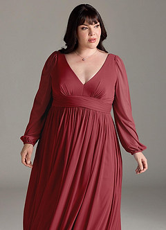 Azazie Norah Bridesmaid Dresses Pomegranate A-Line V-Neck Long Sleeve Chiffon Dress image12