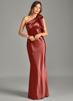 Azazie Yuanna Bridesmaid Dresses Terracotta Mermaid One Shoulder Metallic Satin Dress image3