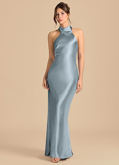 Azazie Velli Bridesmaid Dresses Dusty Blue Sheath High Neck Metallic Satin Dress image4