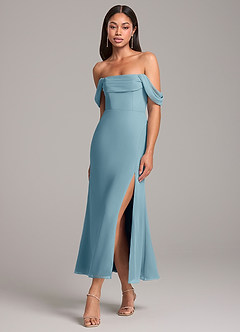 Azazie Saige Bridesmaid Dresses Moody Blue Sheath Off the Shoulder Chiffon Convertible Dress image3