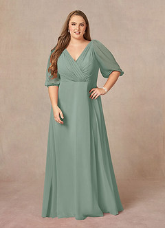 Azazie Bronwyn Mother of the Bride Dresses Silver Sage A-Line V-Neck Ruched Chiffon Dress image6