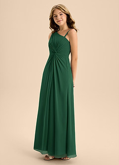 Azazie Brooke Junior Vestido de Verde Oscuro de Gasa de Corte En A con Corte Lateral image6