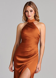 Azazie Karlotta Bridesmaid Dresses Cinnamon Sheath Pleated Stretch Satin Dress image6