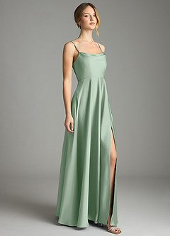 Azazie Elle Bridesmaid Dresses Agave A-Line Pleated Stretch Satin Dress image4